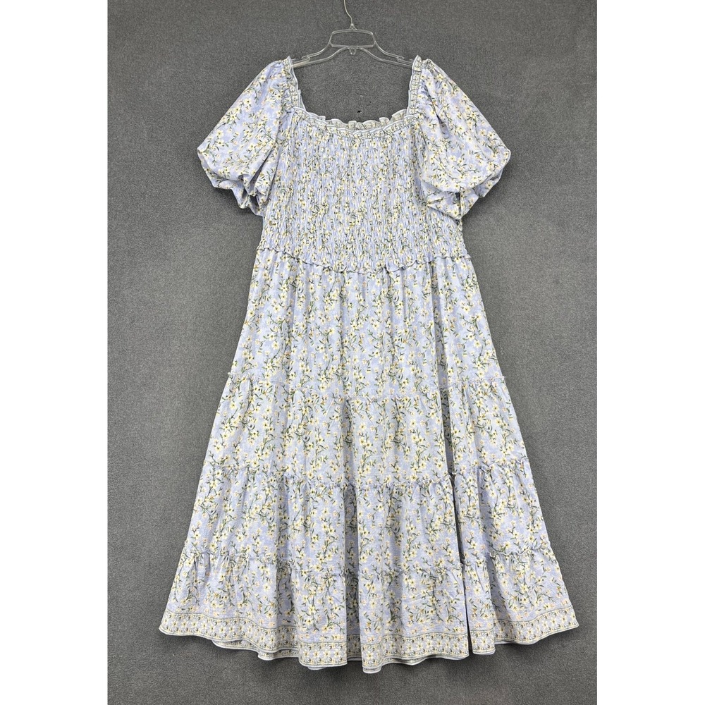 Max Studio London Midi Dress Womens 2X Blue Floral Smocked Tiered Puff Sleeve